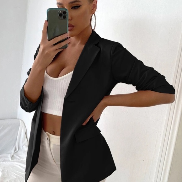 💕2 for $15💕 NWOT Sheen Single Button Flap Detail Black Oversized Blazer - Picture 3 of 5